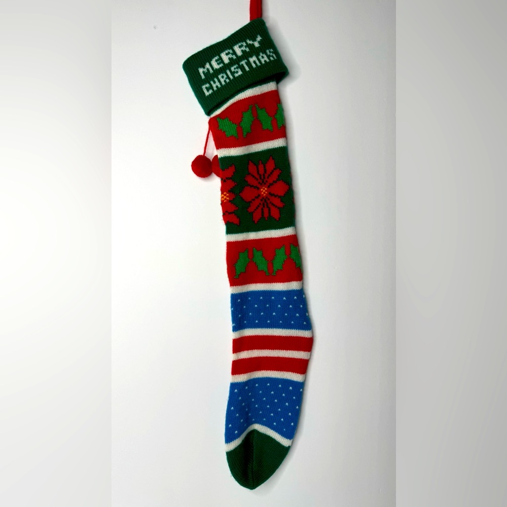 Vintage‎ Knitted Merry Christmas Stocking with Poinsettias and Holly Design